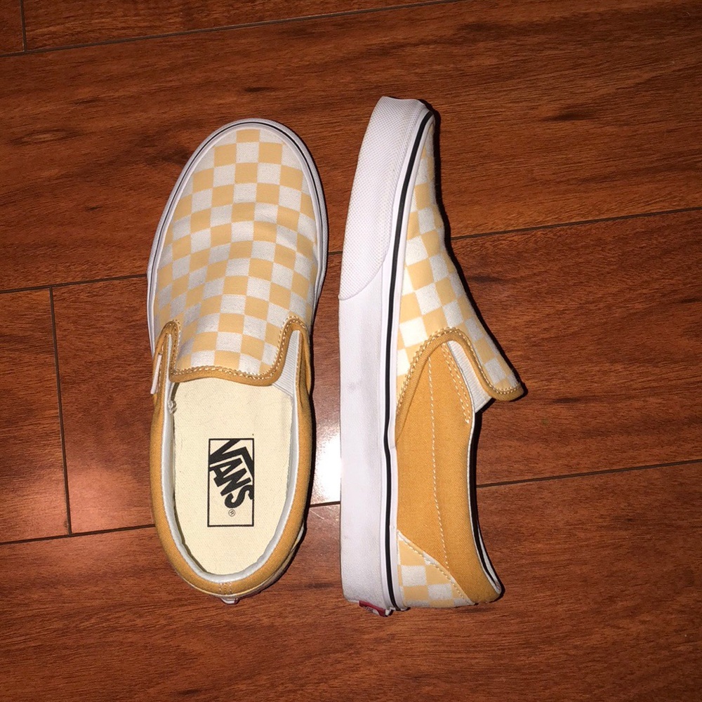 White and Ochre Checkered Slip-On Vans